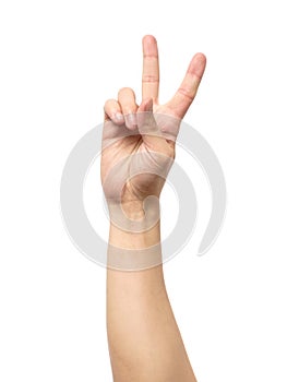 Man hand showing Victory sign isolated