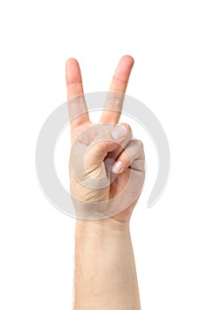 Man hand sign on white background. two fingers raised up lifted up.