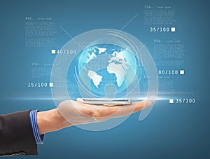 Man hand with smartphone and virtual sphere globe