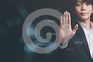 man hand stop sign, warning concept, refusal, caution, symbolic communication, preventing subsequent problems,Help Prevent Piracy