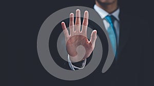 man hand stop sign, warning concept, refusal, caution, symbolic communication, preventing subsequent problems,Help Prevent Piracy