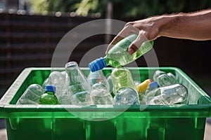 Man hand throwing away plastic bottle in recycling bin