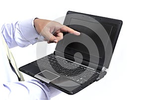 Man hand touch a laptop screen