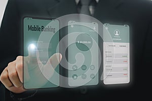 Man hand touching application mobile banking interface UI on a smartphone. Digital marketing networking connection on virtual