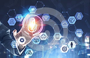 Man hand touching digital security interface