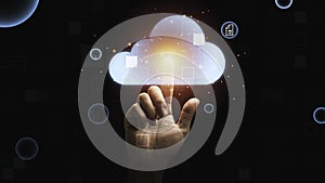 Man hand touching virtual cloud computing for download  upload data information , Technology transformation concept