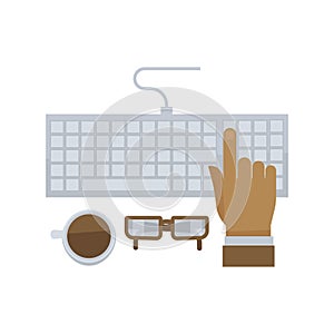 Man hand typing on computer keyboard isolated in flat design