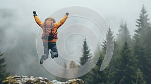 A man with hand up jumping on the top of the mountain