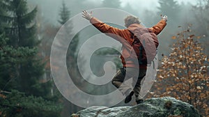 A man with hand up jumping on the top of the mountain