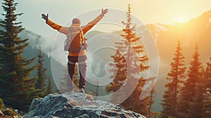 A man with hand up jumping on the top of the mountain