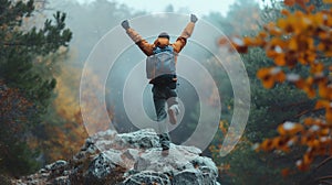 A man with hand up jumping on the top of the mountain