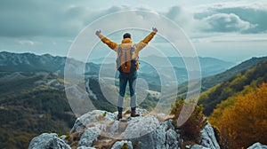 A man with hand up jumping on the top of the mountain