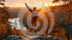 A man with hand up jumping on the top of the mountain