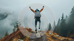 A man with hand up jumping on the top of the mountain