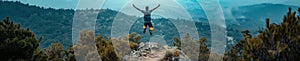 A man with hand up jumping on the top of the mountain