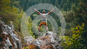 A man with hand up jumping on the top of the mountain