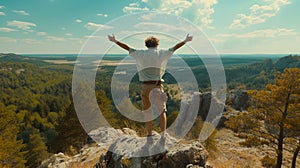 A man with hand up jumping on the top of the mountain