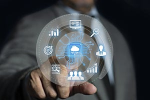 Man hand using AI chip cloud computing technology concept on virtual screen. Semiconductor or CPU processor. Artificial