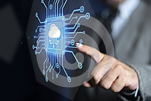 Man hand using AI chip cloud computing technology concept on virtual screen. Semiconductor or CPU processor. Artificial