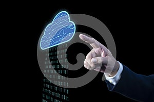 Man hand using AI chip cloud computing technology concept on virtual screen. Semiconductor or CPU processor. Artificial