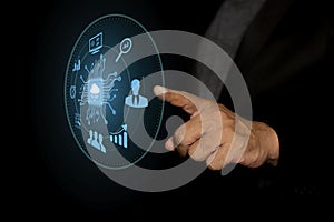 Man hand using AI chip cloud computing technology concept on virtual screen. Semiconductor or CPU processor. Artificial