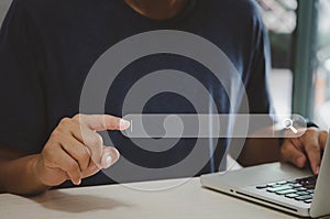 Man hand using computer touch virtual search