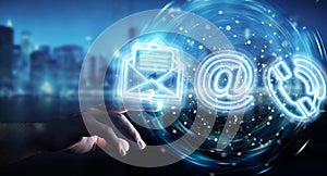 Man hand using digital contact blue holographic interface 3D rendering