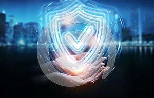 Man hand using digital shield protection blue holographic interface 3D rendering