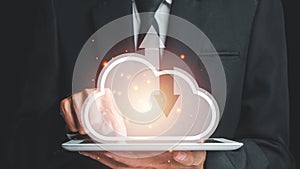 Man hand using digital tablet computer with cloud computing icon, Cloud computing concept