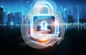 Man hand using digital web protection blue holographic interface 3D rendering