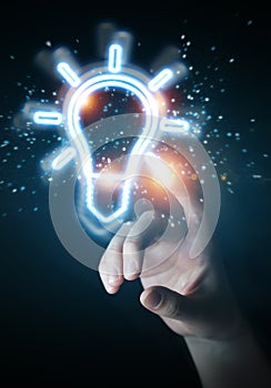 Man hand using lightbulb neon digital interface 3D rendering