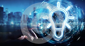 Man hand using lightbulb neon digital interface 3D rendering