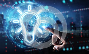 Man hand using lightbulb neon digital interface 3D rendering