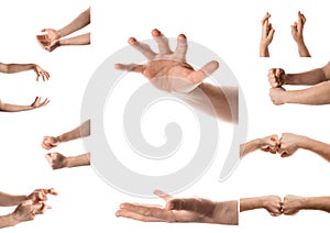 Man hand with the various gesture, open hand, pointing finger, hitting each other, fingers crossed, hold, grab, catch...