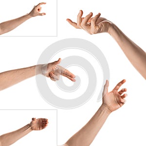 Man hand with the various gesture, open hand, pointing finger, hitting each other, fingers crossed, hold, grab, catch...