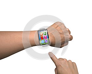 Man hand wearing smartwatch with metal watchband