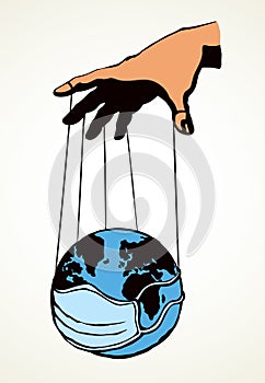 Man hand with a World map. Vector drawing concept