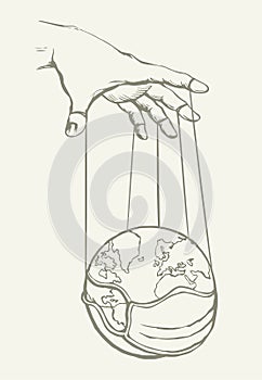 Man hand with a World map. Vector drawing concept