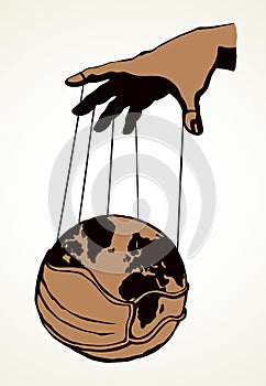 Man hand with a World map. Vector drawing concept