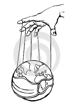 Man hand with a World map. Vector drawing concept