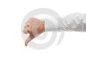 Man hands, bad or dislike gesture isolated on white background. White shirt, business style