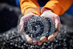 Man hands hold black granules biochar pellets. Handful of charcoal pellets fuel in a person hands. Organic biochar derived made photo