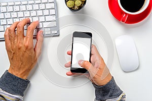 Man hands holding blank screen a smartphone