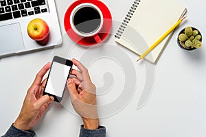 Man hands holding blank screen a smartphone