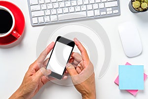 Man hands holding blank screen a smartphone