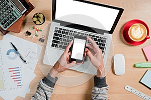 Man hands holding blank screen a smartphone