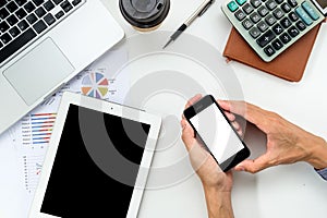 Man hands holding blank screen a smartphone