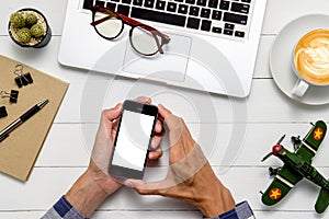 Man hands holding blank screen a smartphone