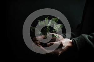 Man hands holding a green young plant, Minimalist Shot using a Hasselblad camera, Crystal clear feel. Soft shadows