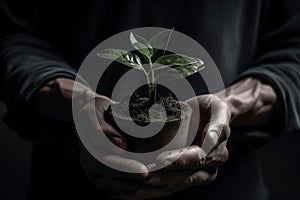 Man hands holding a green young plant, Minimalist Shot using a Hasselblad camera, Crystal clear feel. Soft shadows